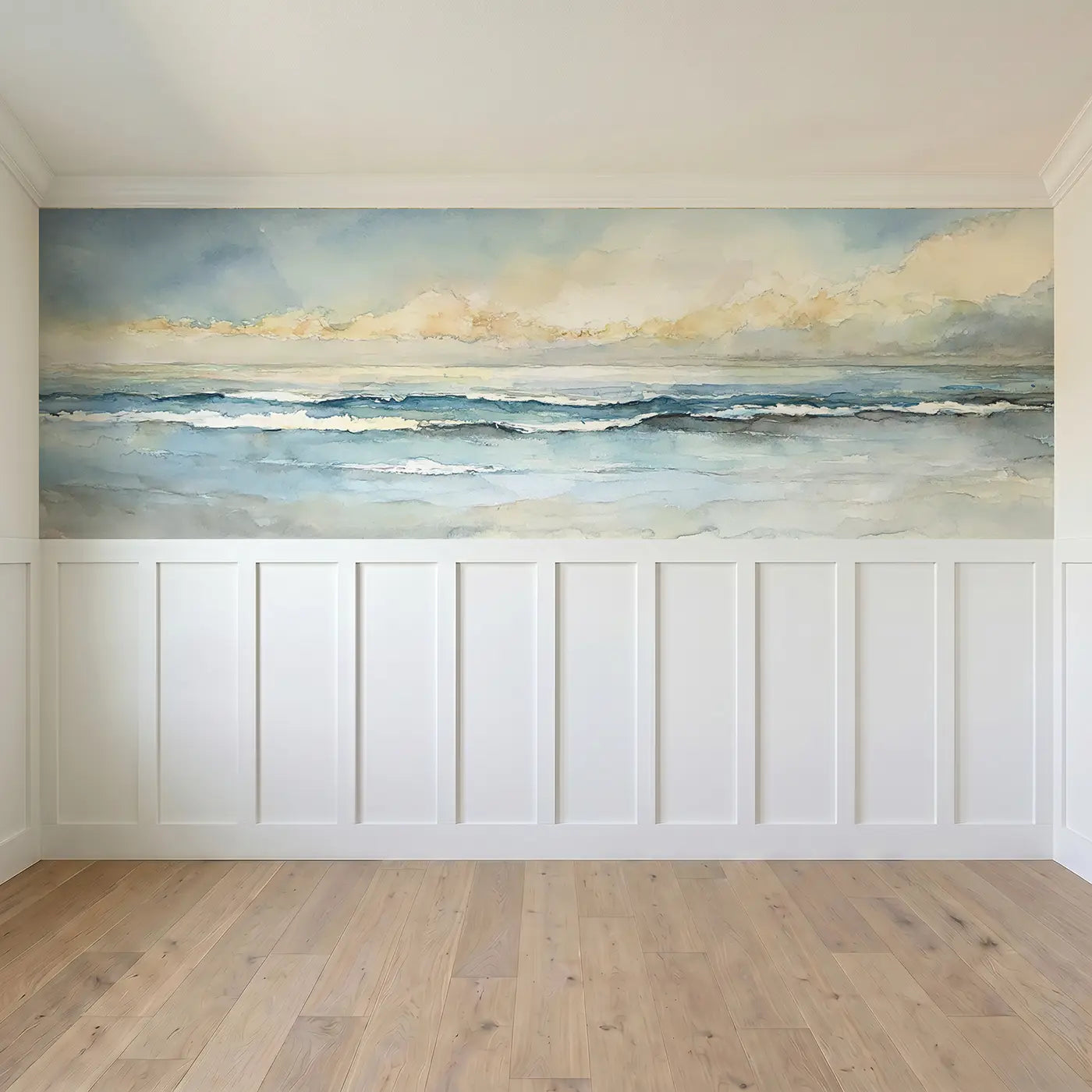 Full panel view of Ocean Horizon Wave Pattern Wainscoting Wallpaper by Whimsy Tots