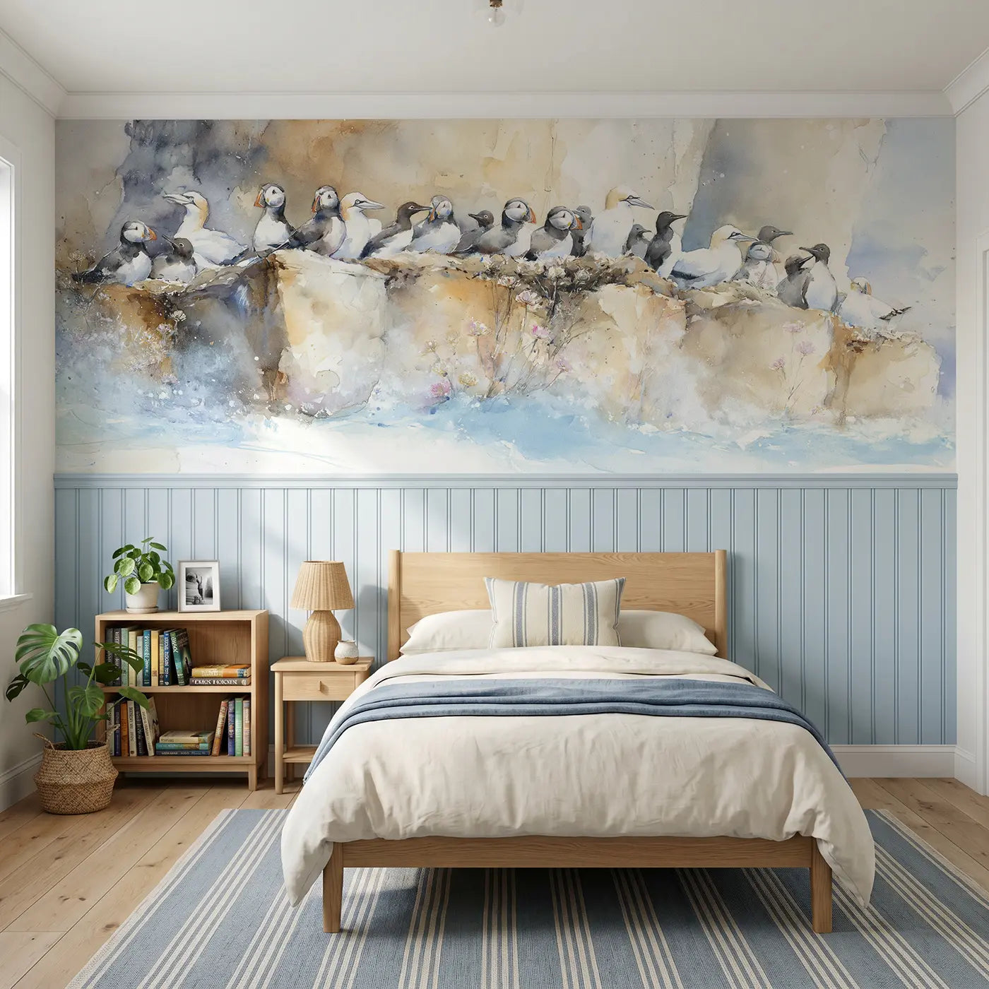 Watercolor seabird colony cliff face wainscoting wallpaper for bedroom by Whimsy Tots