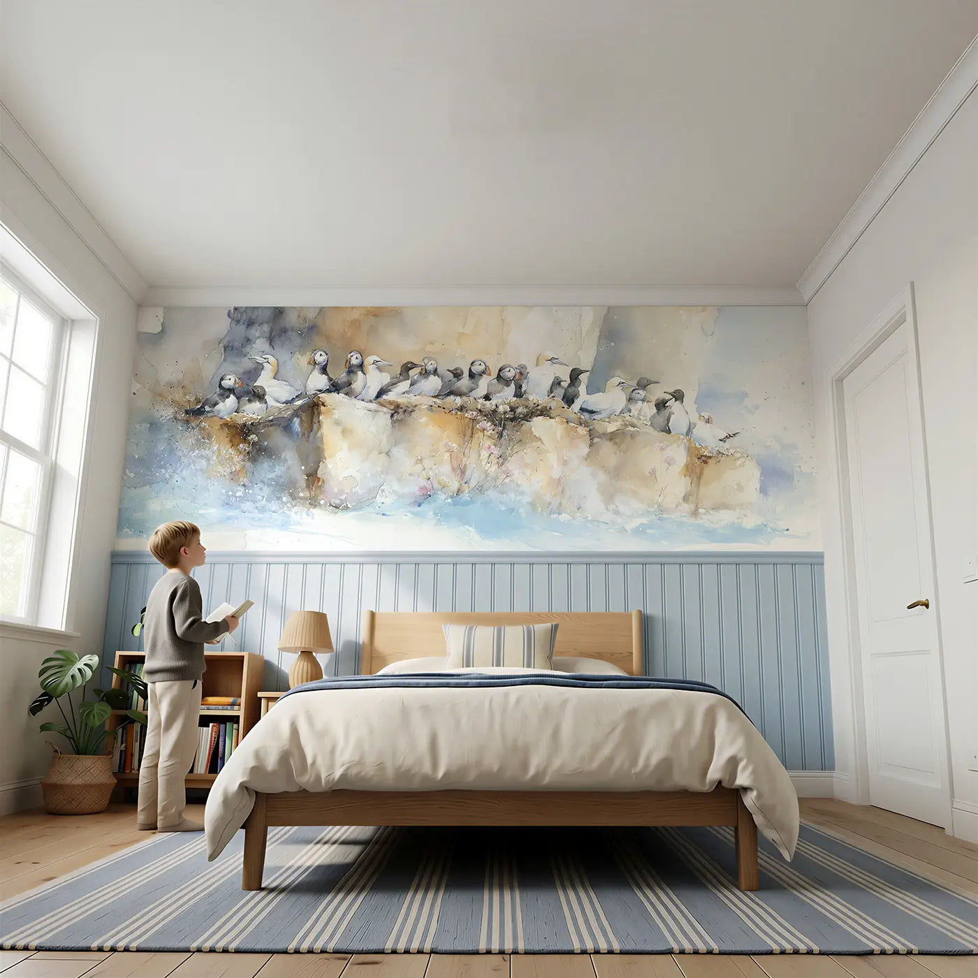 Child reading near Seabird Colony Cliff Face Wainscoting Wallpaper by Whimsy Tots