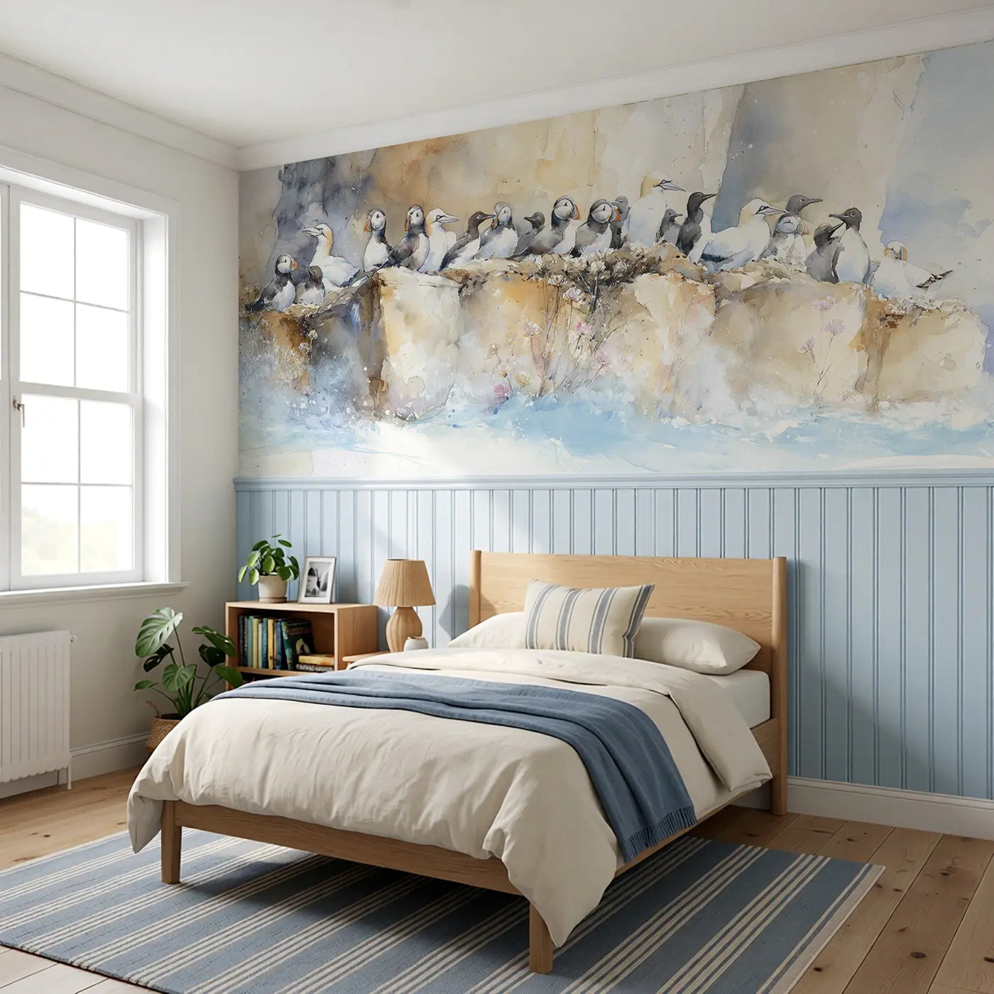 Seabird Colony Cliff Face Wainscoting Wallpaper styled in a kids bedroom by Whimsy Tots