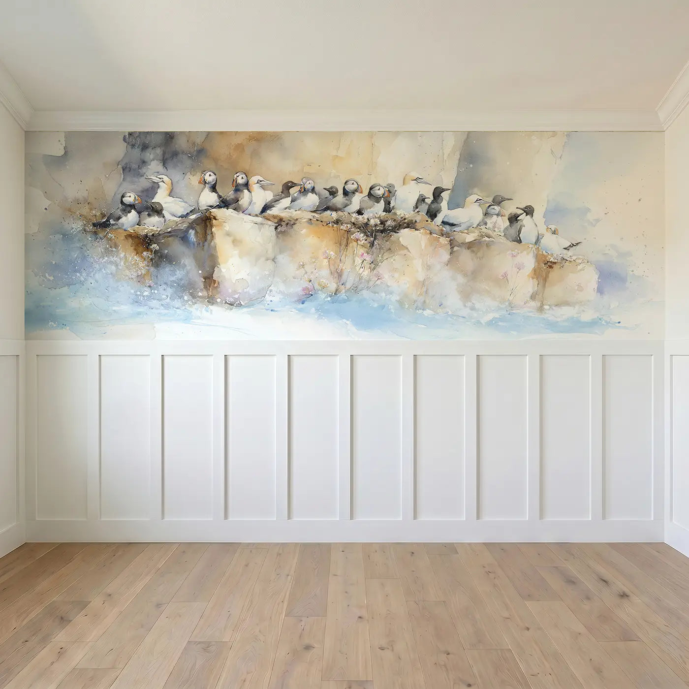 Full panel view of Seabird Colony Cliff Face Wainscoting Wallpaper by Whimsy Tots