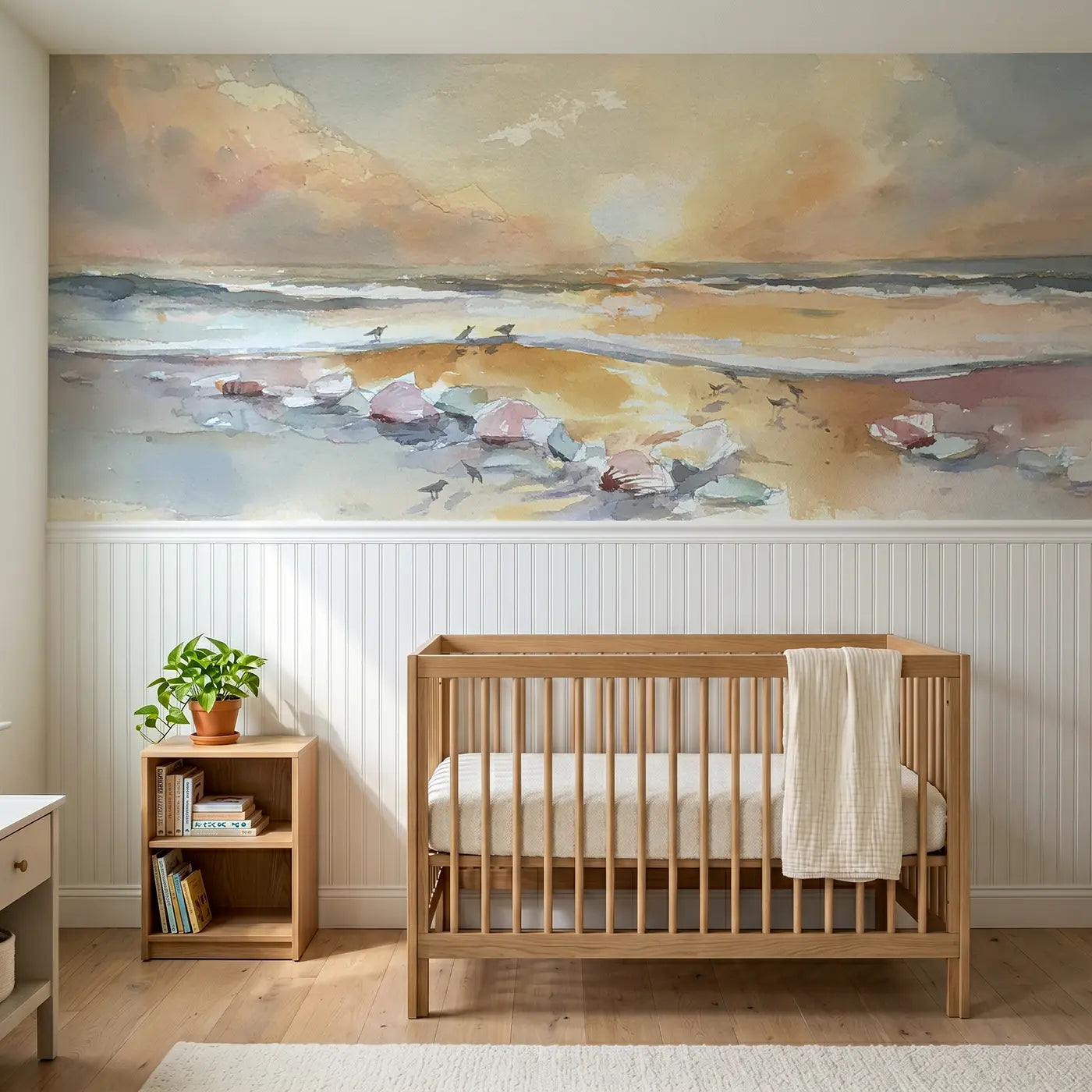 Watercolor coastal sunset beach shells wainscoting wallpaper for nursery by Whimsy Tots