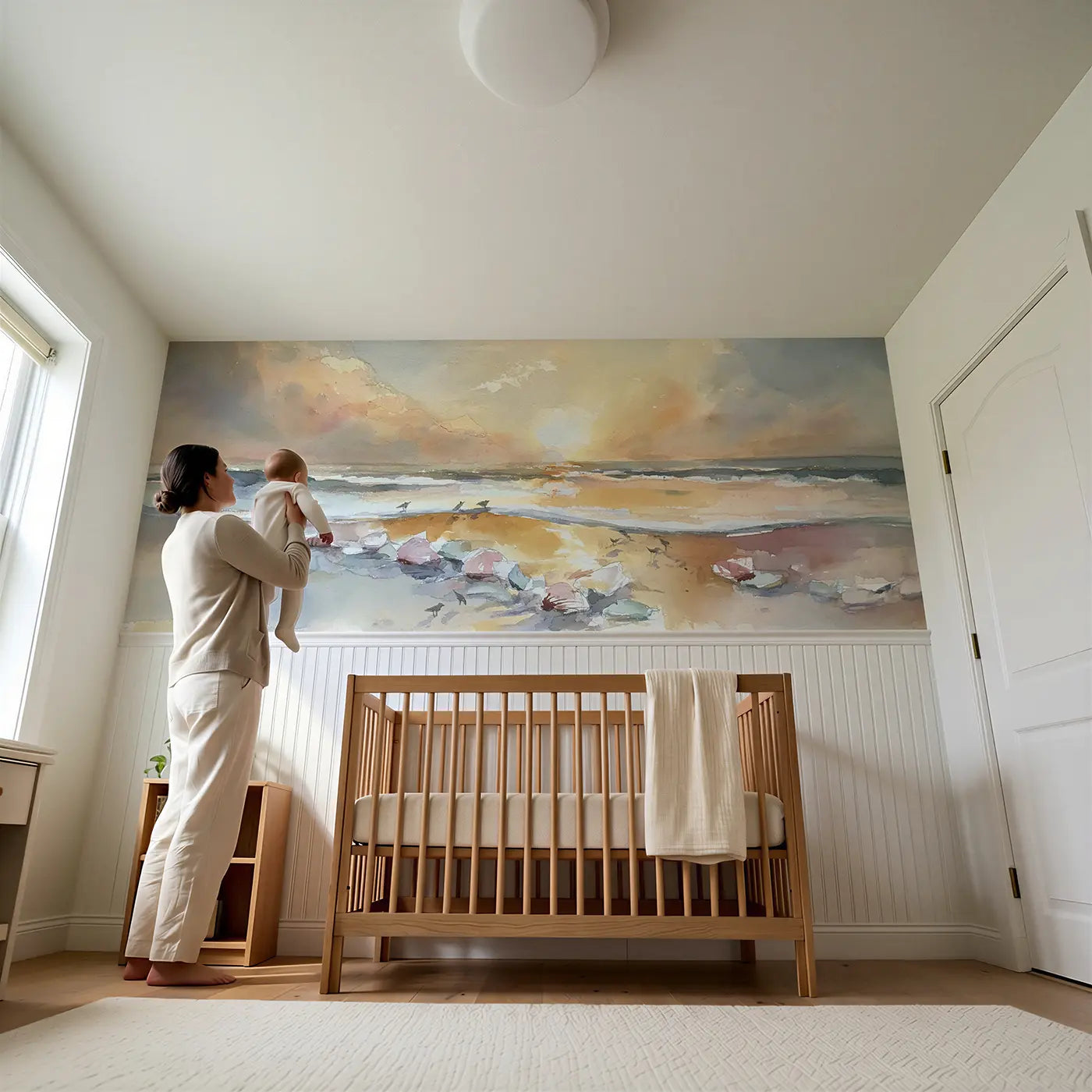Child reading near Coastal Sunset Beach Shells Wainscoting Wallpaper by Whimsy Tots