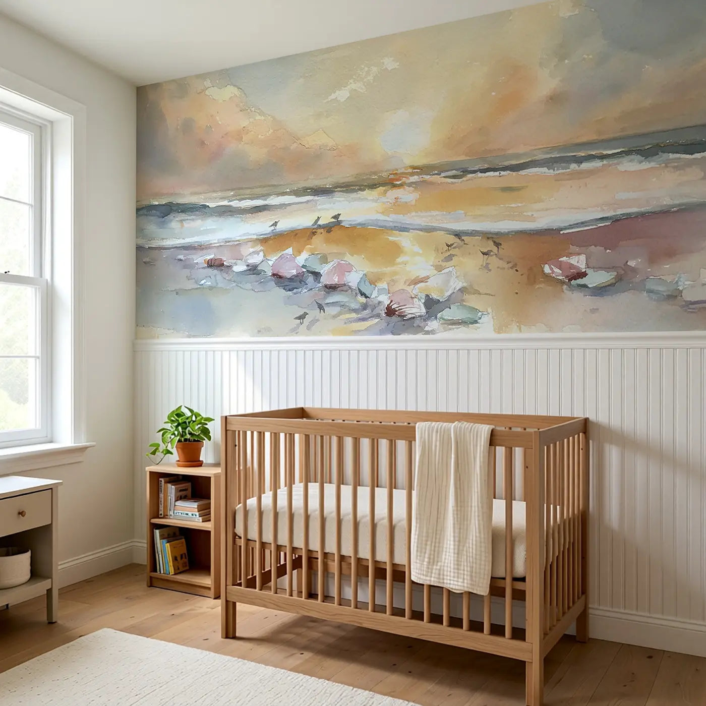 Coastal Sunset Beach Shells Wainscoting Wallpaper styled in a kids bedroom by Whimsy Tots