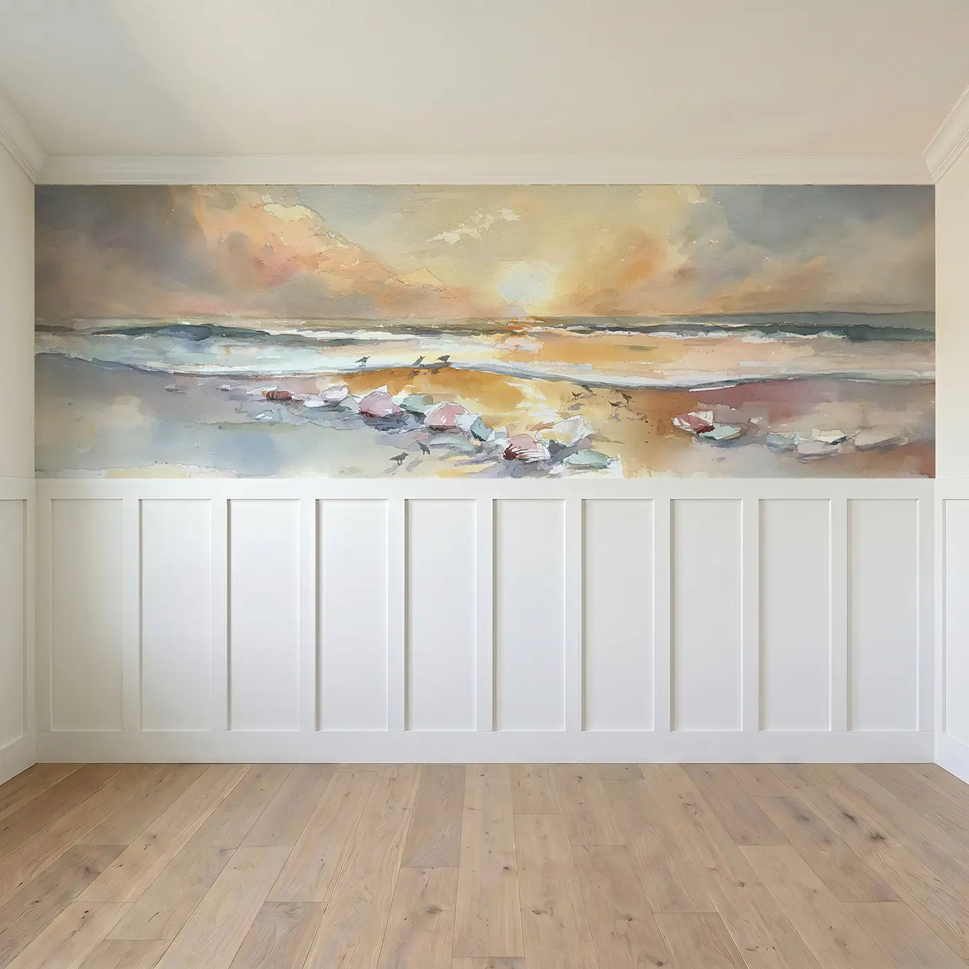 Full panel view of Coastal Sunset Beach Shells Wainscoting Wallpaper by Whimsy Tots