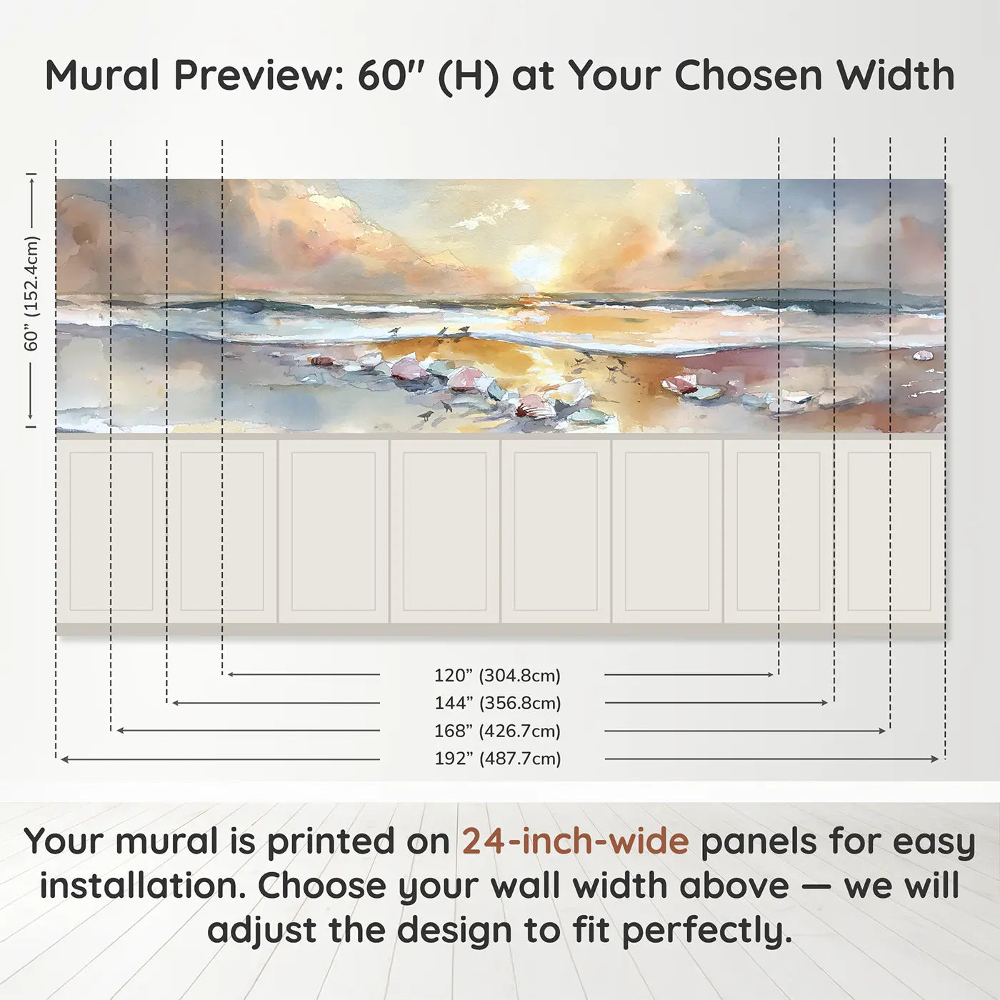 Panel dimensions for Coastal Sunset Beach Shells Wainscoting Wallpaper by Whimsy Tots