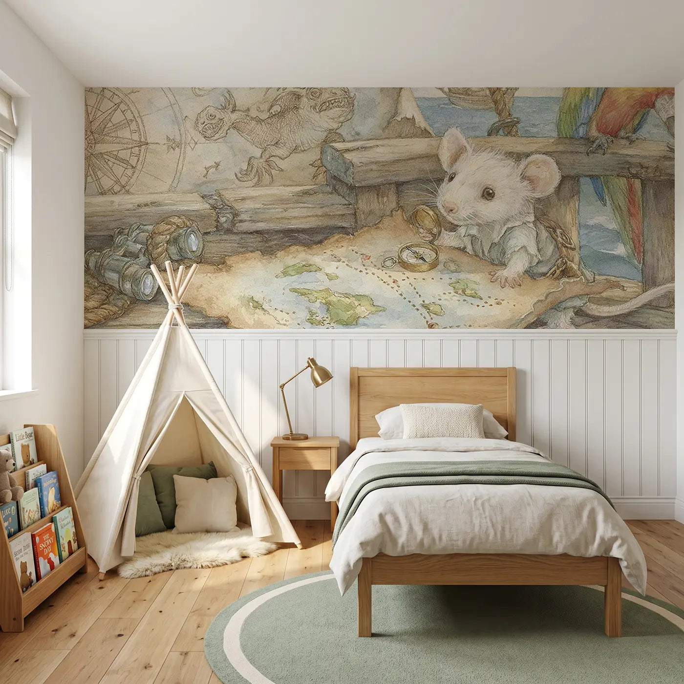 Storybook pirate mouse map adventure wainscoting wallpaper for bedroom by Whimsy Tots