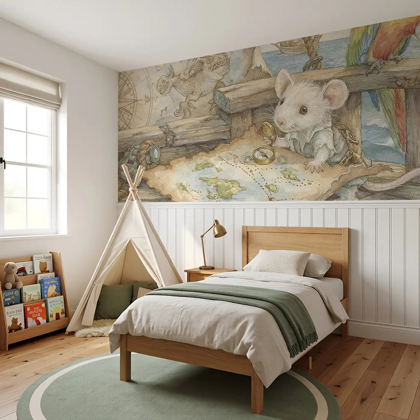 Pirate Mouse Map Adventure Wainscoting Wallpaper styled in a kids bedroom by Whimsy Tots