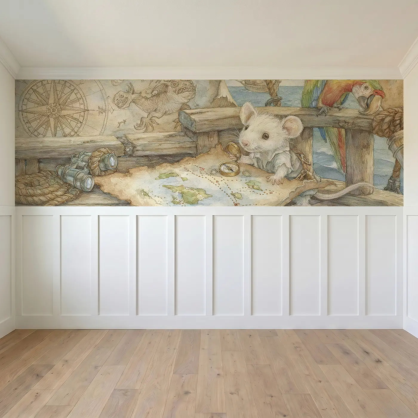 Full panel view of Pirate Mouse Map Adventure Wainscoting Wallpaper by Whimsy Tots
