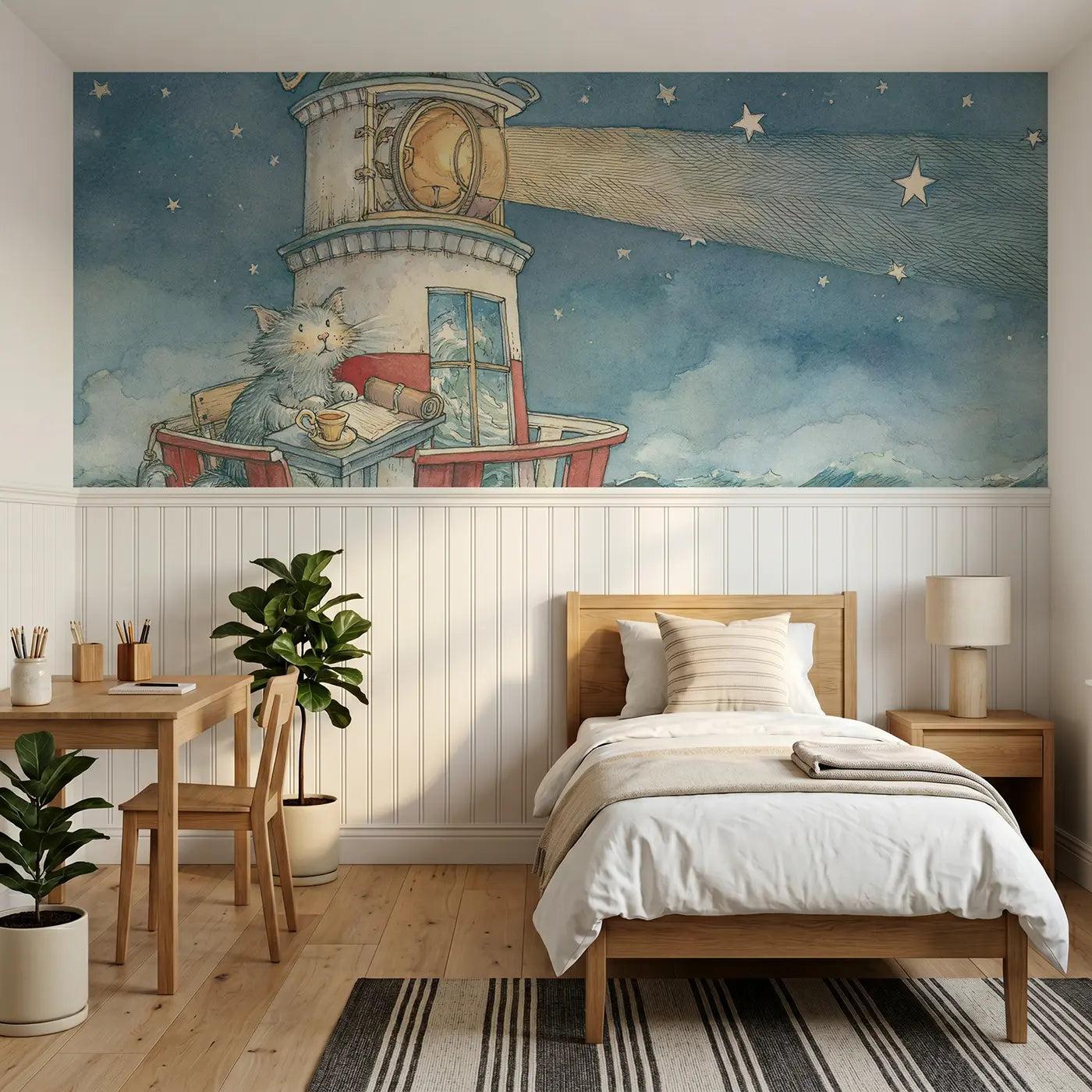 Storybook lighthouse keeper cat night wainscoting wallpaper for bedroom by Whimsy Tots