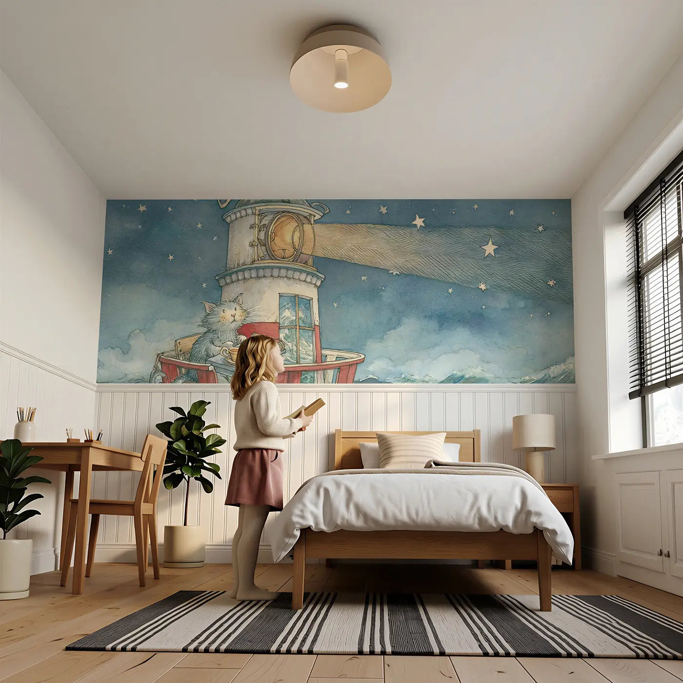 Child reading near Lighthouse Keeper Cat Night Wainscoting Wallpaper by Whimsy Tots
