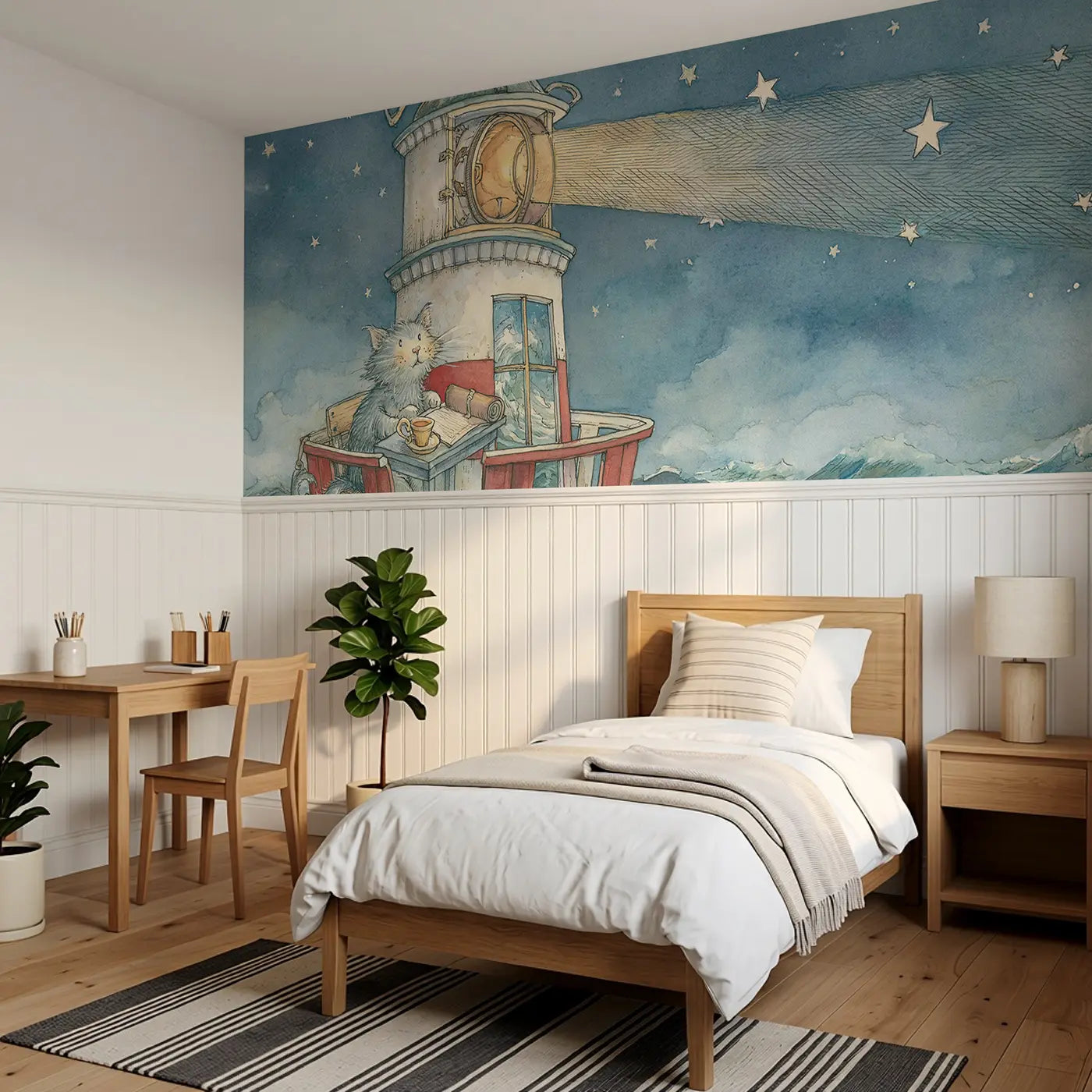 Lighthouse Keeper Cat Night Wainscoting Wallpaper styled in a kids bedroom by Whimsy Tots