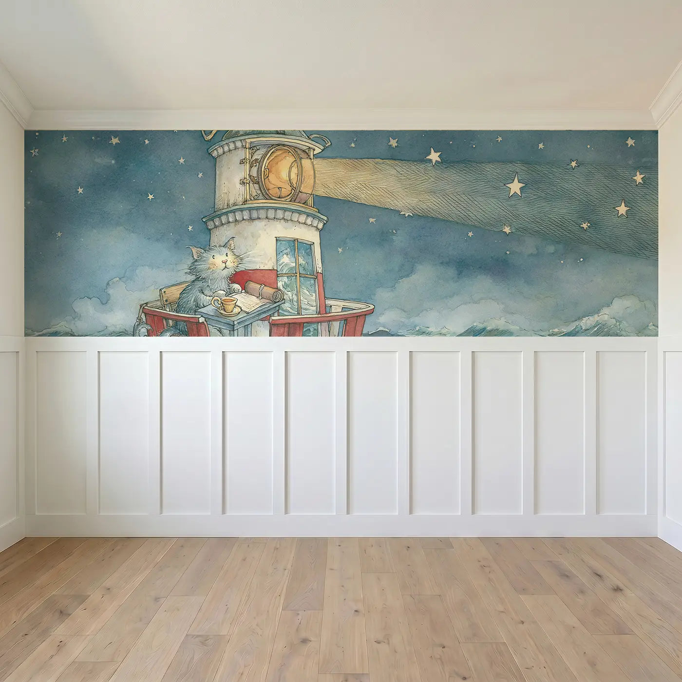 Full panel view of Lighthouse Keeper Cat Night Wainscoting Wallpaper by Whimsy Tots