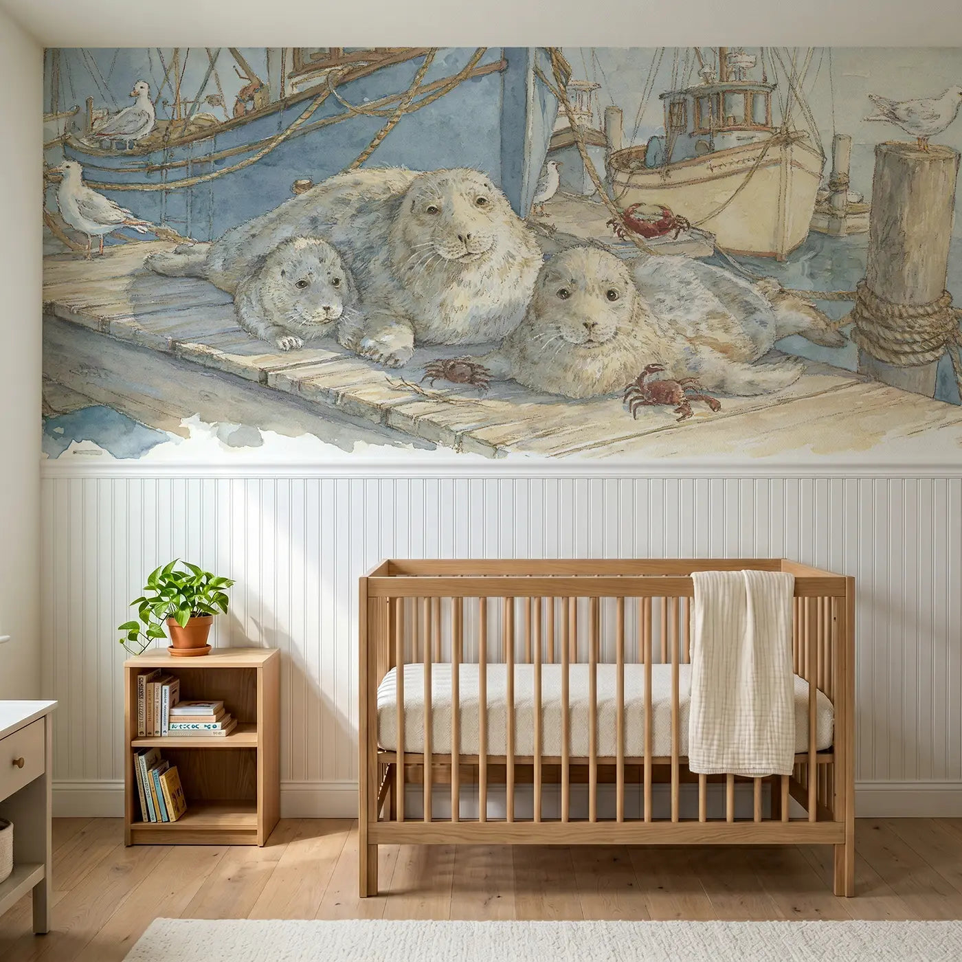 Storybook harbor seal family rest wainscoting wallpaper for nursery by Whimsy Tots