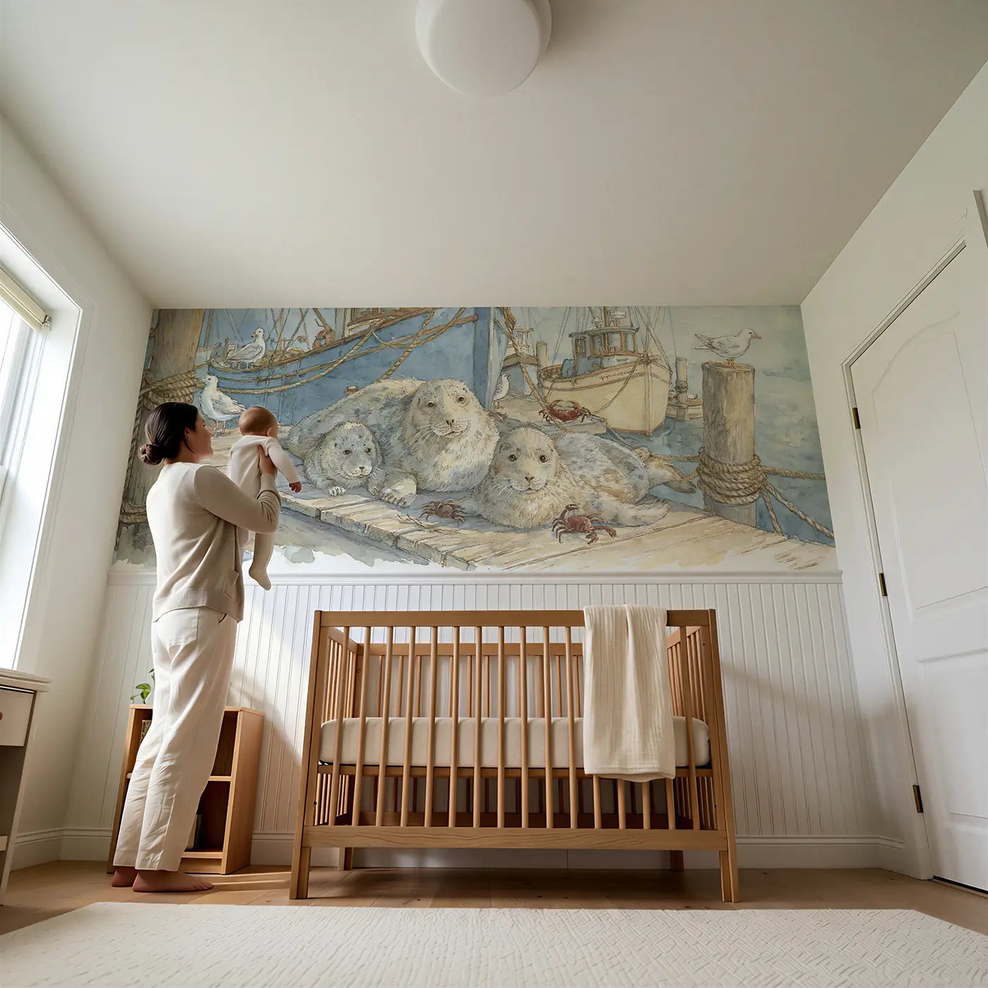 Child reading near Harbor Seal Family Rest Wainscoting Wallpaper by Whimsy Tots