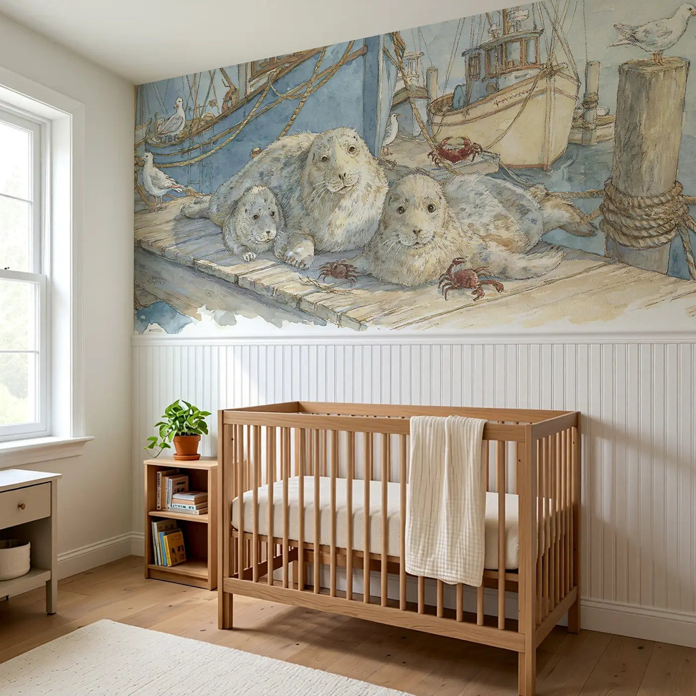 Harbor Seal Family Rest Wainscoting Wallpaper styled in a kids bedroom by Whimsy Tots