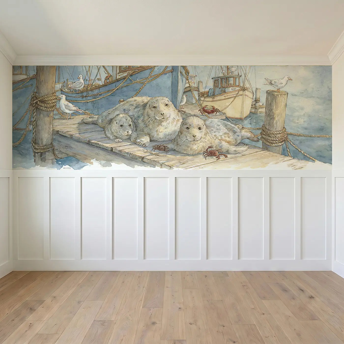 Full panel view of Harbor Seal Family Rest Wainscoting Wallpaper by Whimsy Tots