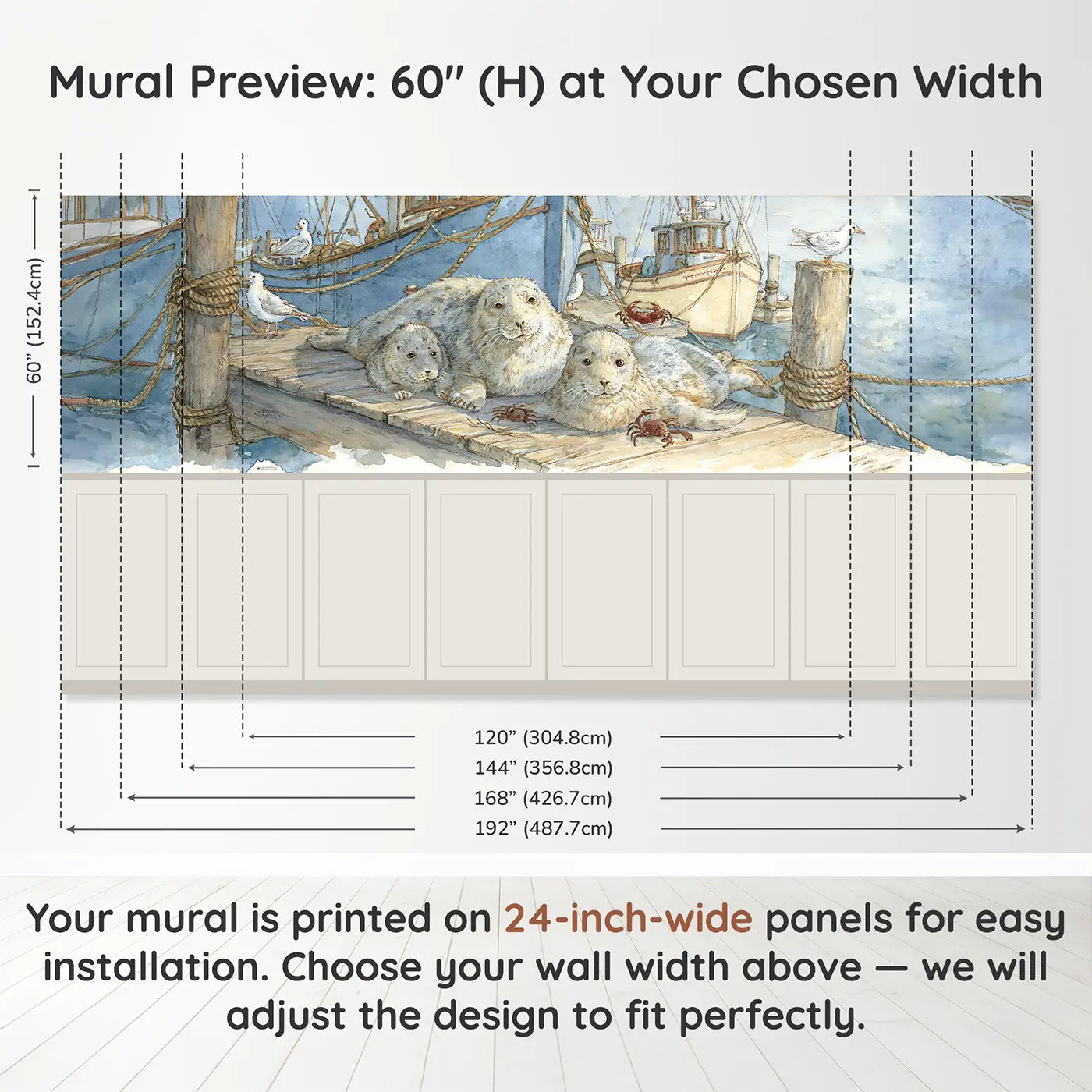 Panel dimensions for Harbor Seal Family Rest Wainscoting Wallpaper by Whimsy Tots