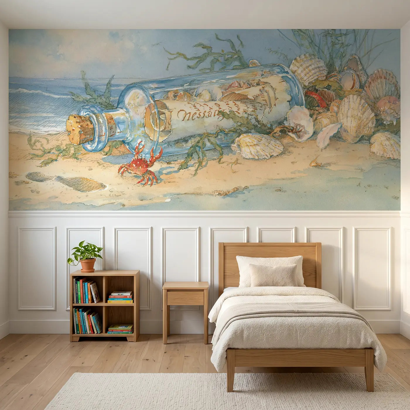 Storybook message in bottle shore wainscoting wallpaper for bedroom by Whimsy Tots
