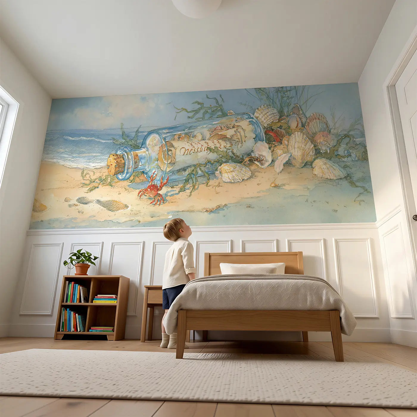 Child reading near Message in Bottle Shore Wainscoting Wallpaper by Whimsy Tots