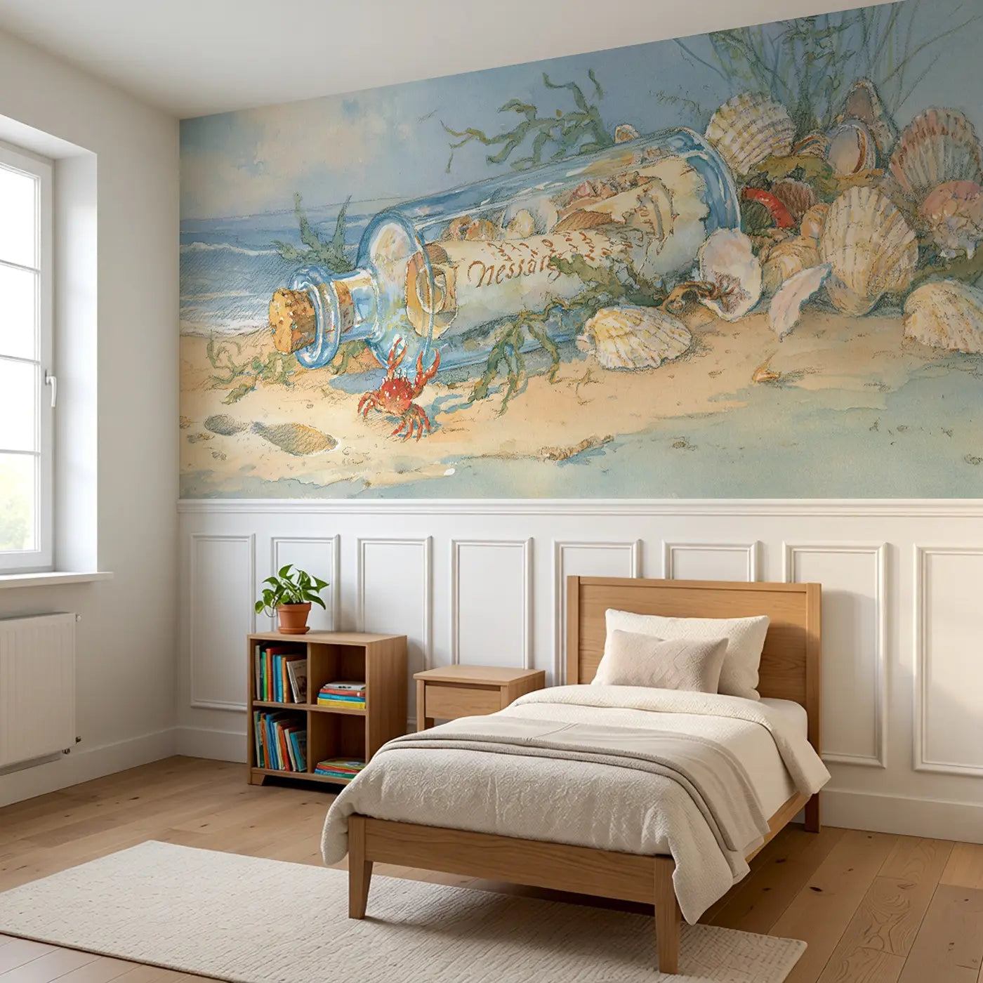 Message in Bottle Shore Wainscoting Wallpaper styled in a kids bedroom by Whimsy Tots