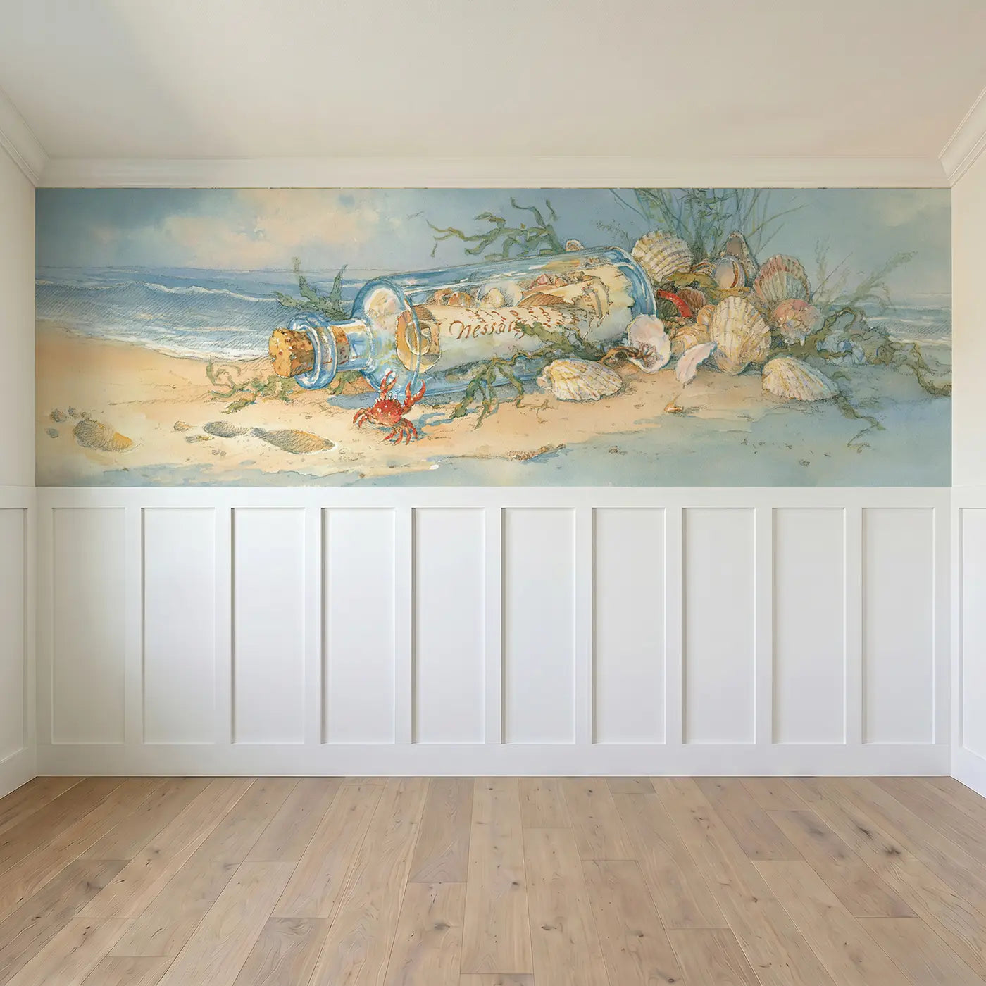 Full panel view of Message in Bottle Shore Wainscoting Wallpaper by Whimsy Tots