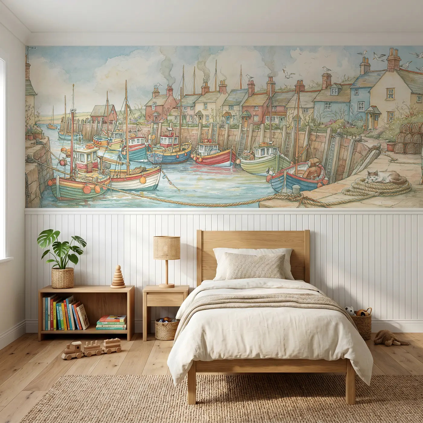 Storybook fishing village morning port wainscoting wallpaper for bedroom by Whimsy Tots