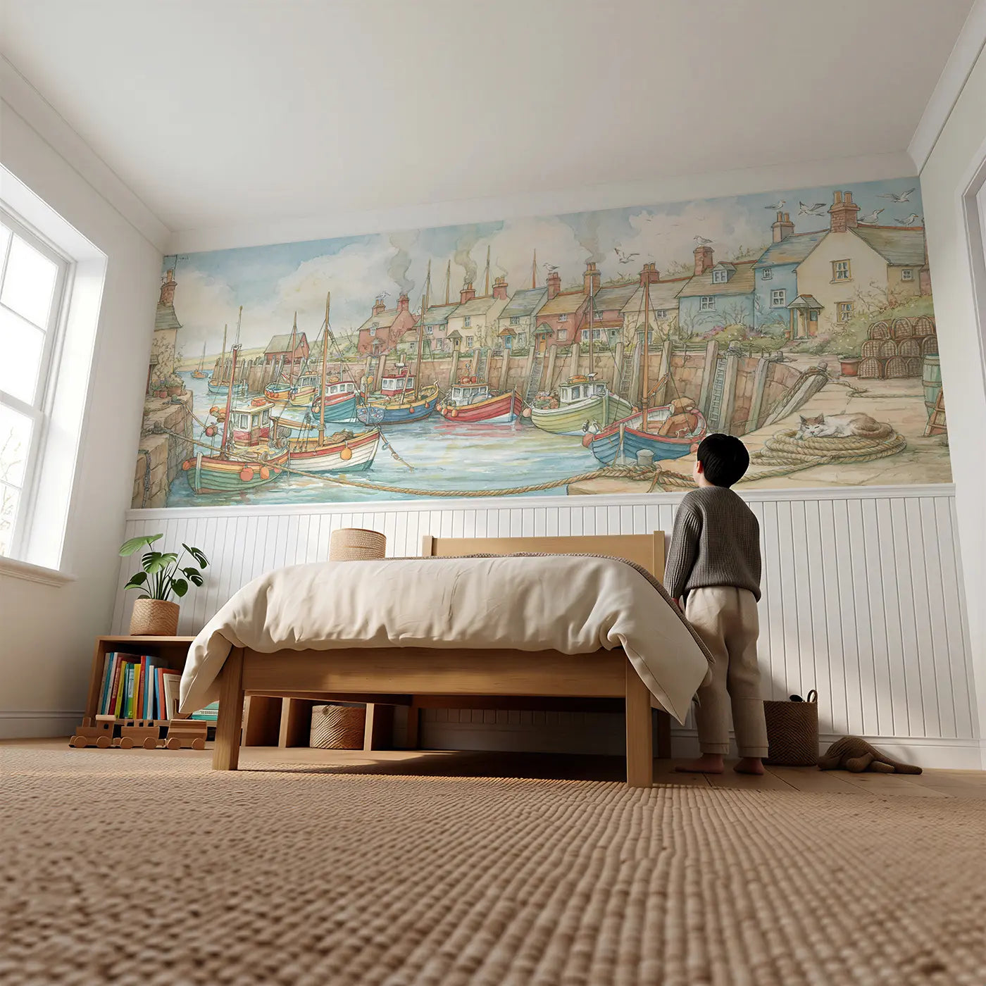 Child reading near Fishing Village Morning Port Wainscoting Wallpaper by Whimsy Tots