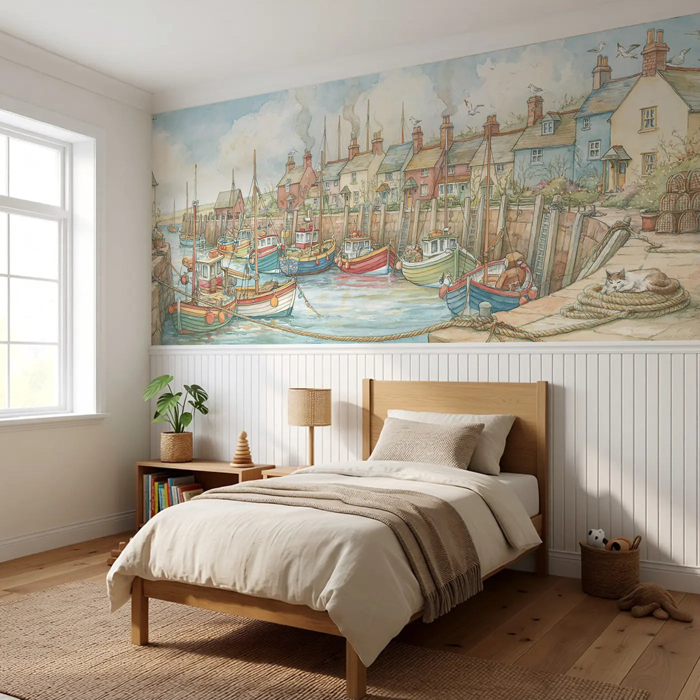 Fishing Village Morning Port Wainscoting Wallpaper styled in a kids bedroom by Whimsy Tots