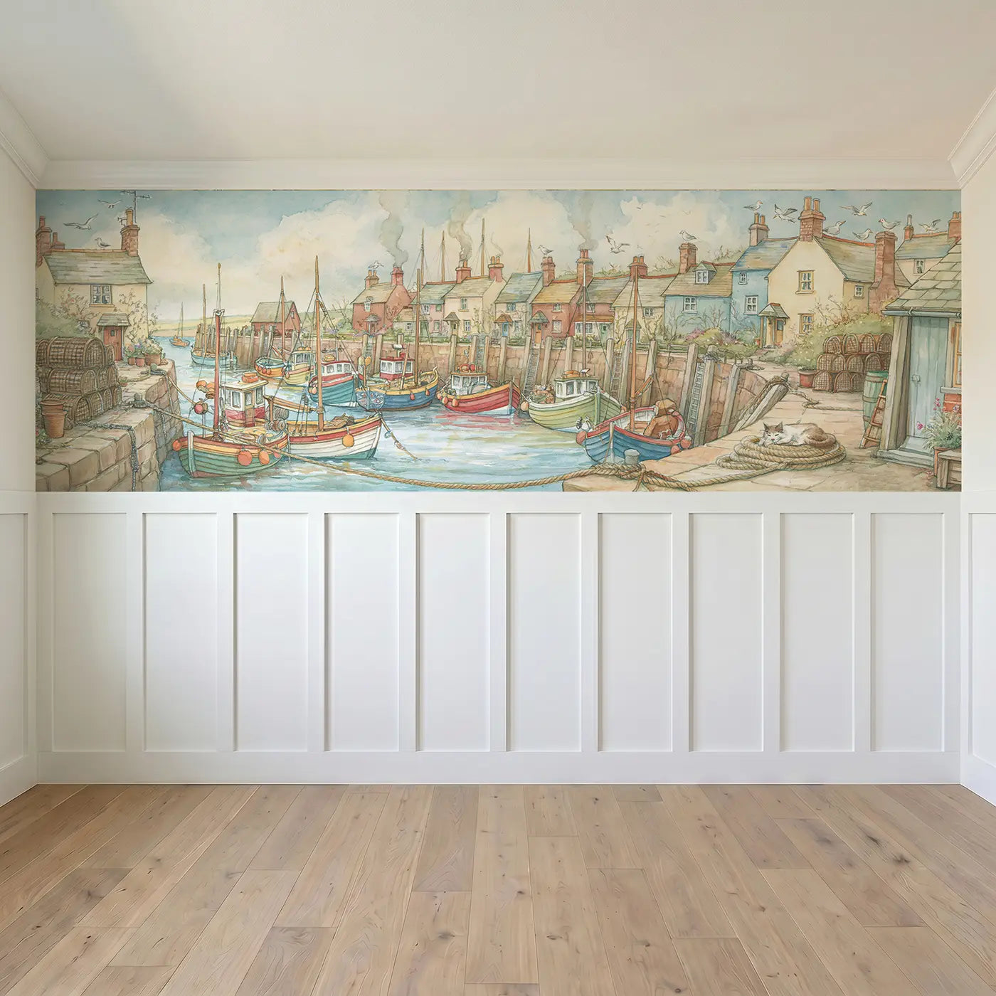 Full panel view of Fishing Village Morning Port Wainscoting Wallpaper by Whimsy Tots