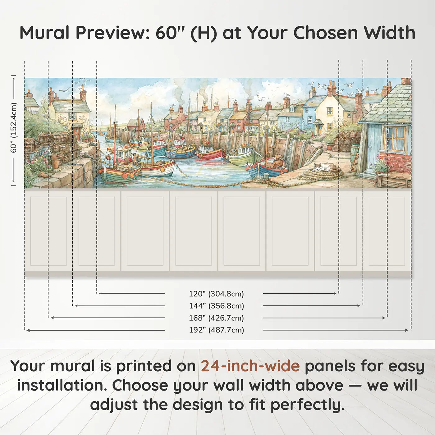 Panel dimensions for Fishing Village Morning Port Wainscoting Wallpaper by Whimsy Tots
