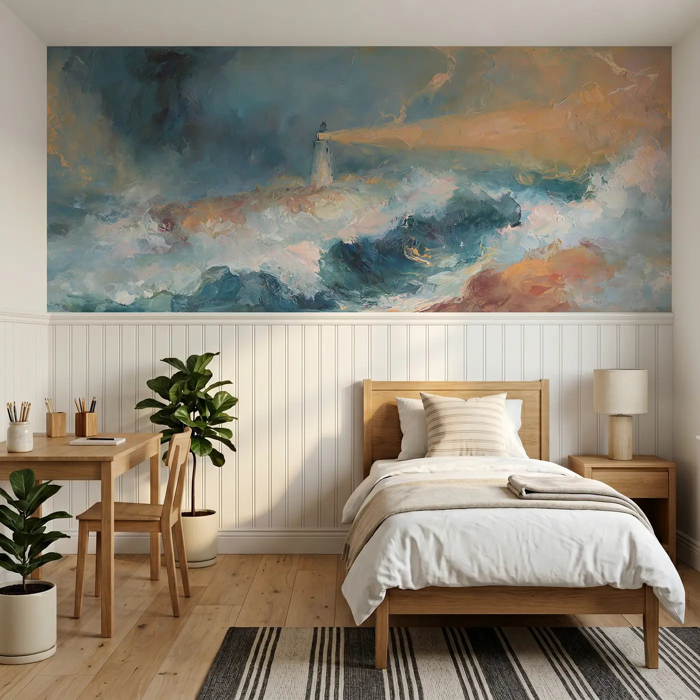 Painted Landscape stormy sea lighthouse guard wainscoting wallpaper for bedroom by Whimsy Tots