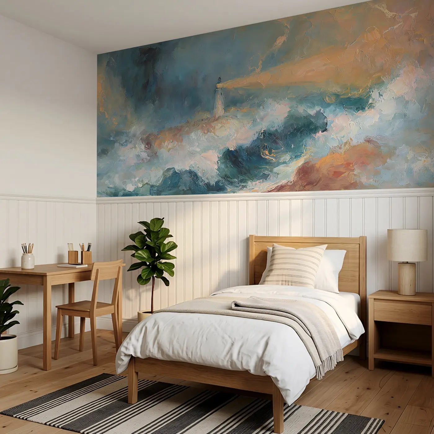 Stormy Sea Lighthouse Guard Wainscoting Wallpaper styled in a kids bedroom by Whimsy Tots
