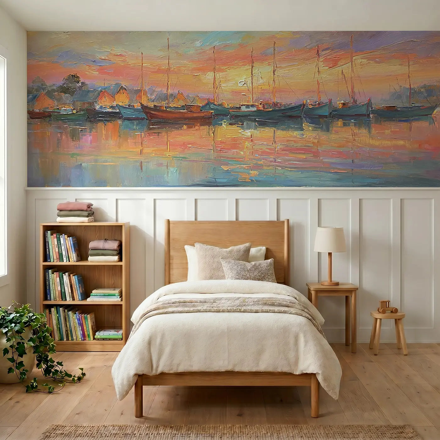 Painted Landscape harbor sunset boat fleet wainscoting wallpaper for bedroom by Whimsy Tots