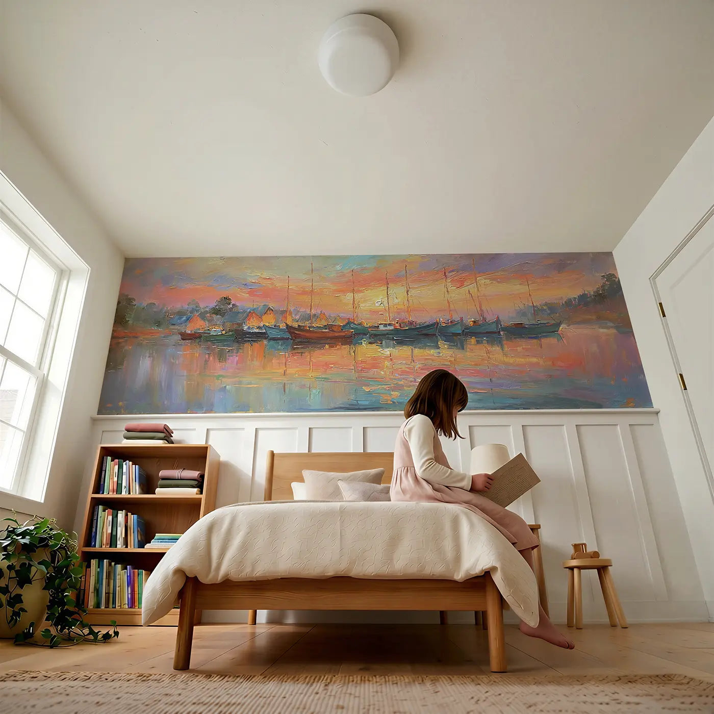 Child reading near Harbor Sunset Boat Fleet Wainscoting Wallpaper by Whimsy Tots