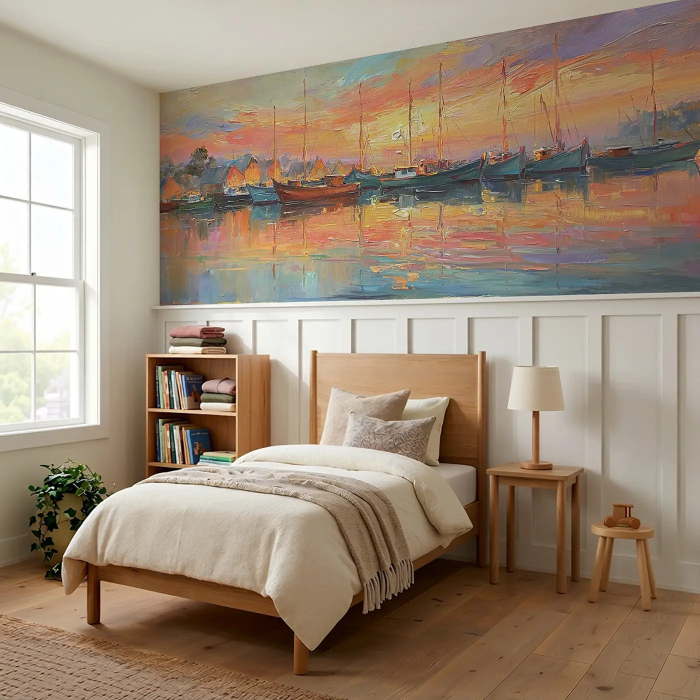 Harbor Sunset Boat Fleet Wainscoting Wallpaper styled in a kids bedroom by Whimsy Tots
