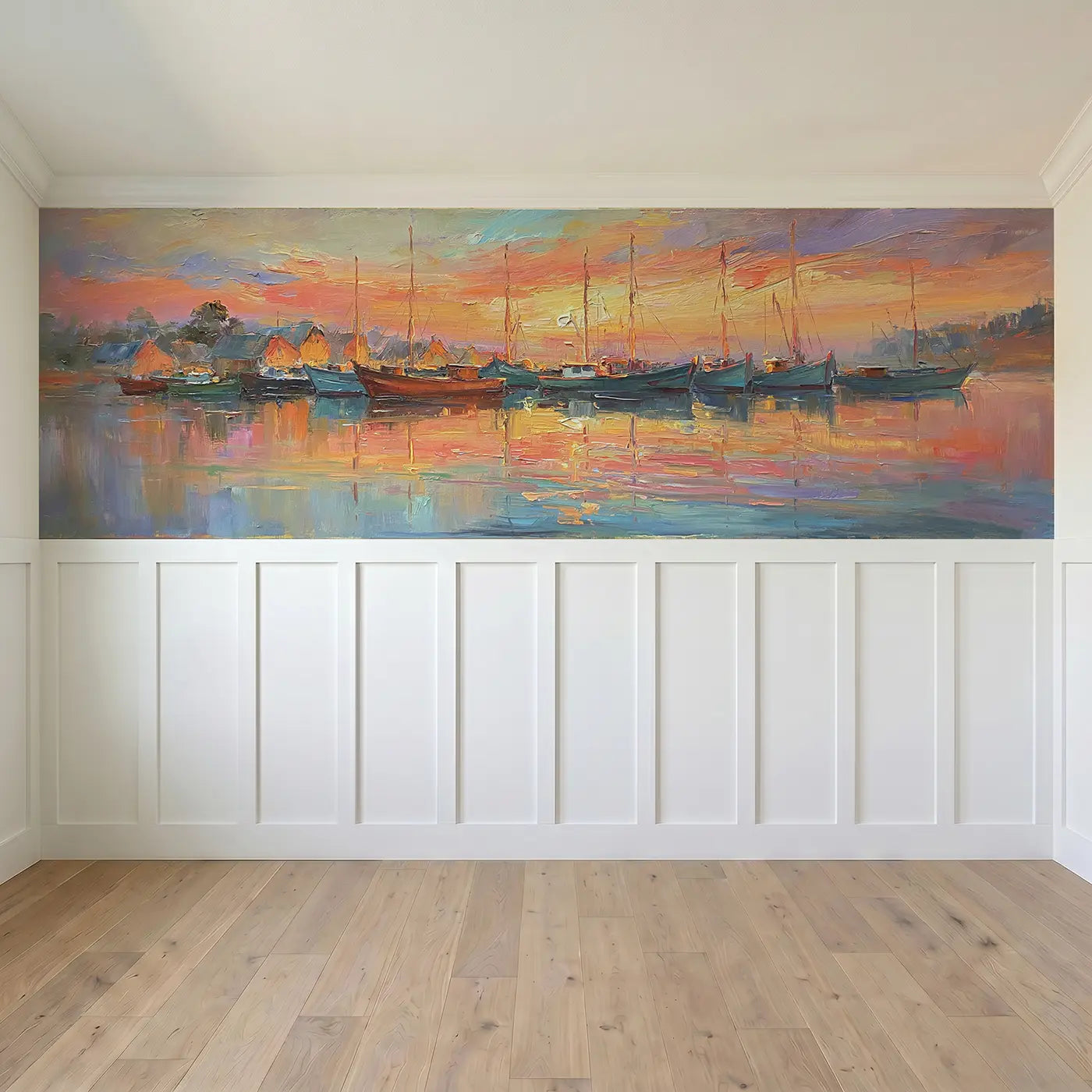 Full panel view of Harbor Sunset Boat Fleet Wainscoting Wallpaper by Whimsy Tots