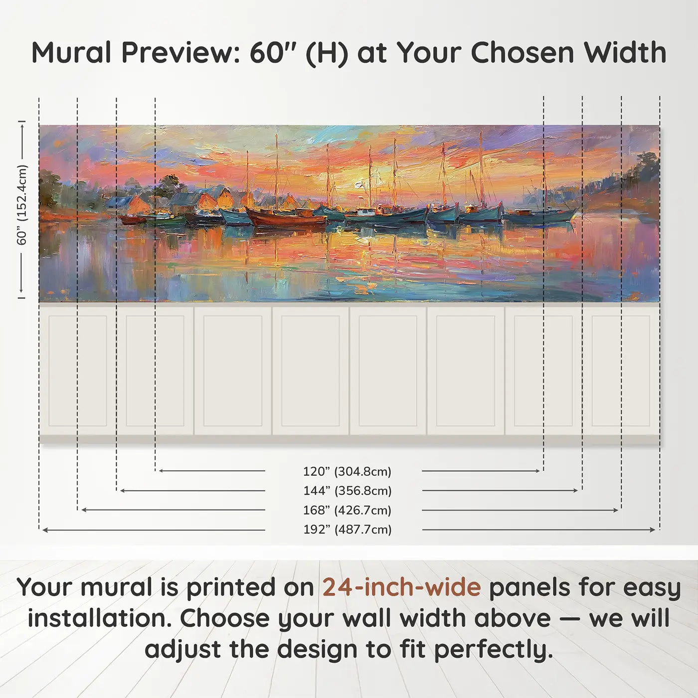 Panel dimensions for Harbor Sunset Boat Fleet Wainscoting Wallpaper by Whimsy Tots