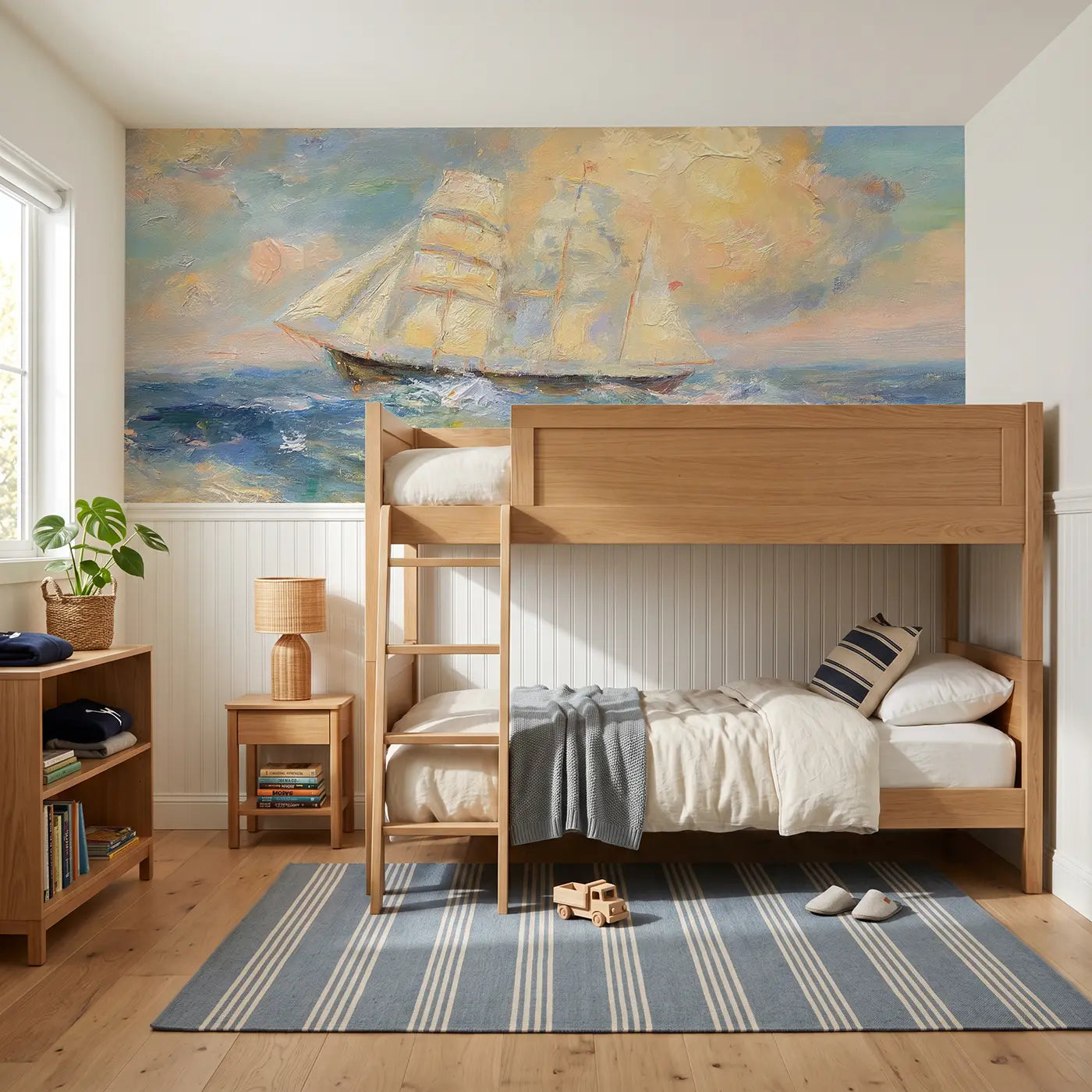 Painted Landscape sailing ship ocean voyage wainscoting wallpaper for bedroom by Whimsy Tots