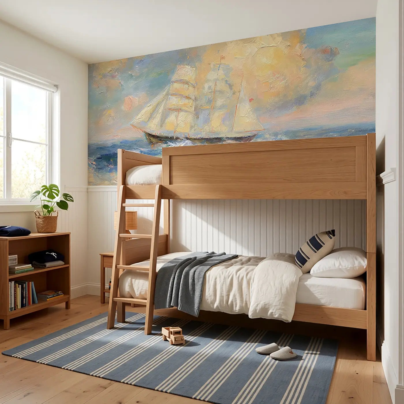 Sailing Ship Ocean Voyage Wainscoting Wallpaper styled in a kids bedroom by Whimsy Tots