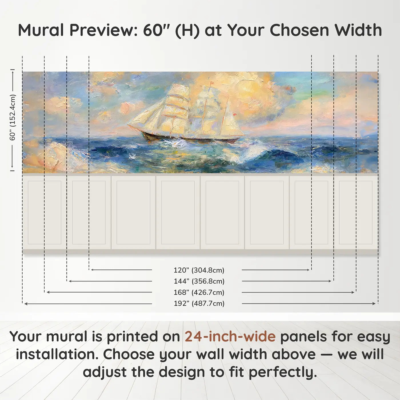 Panel dimensions for Sailing Ship Ocean Voyage Wainscoting Wallpaper by Whimsy Tots