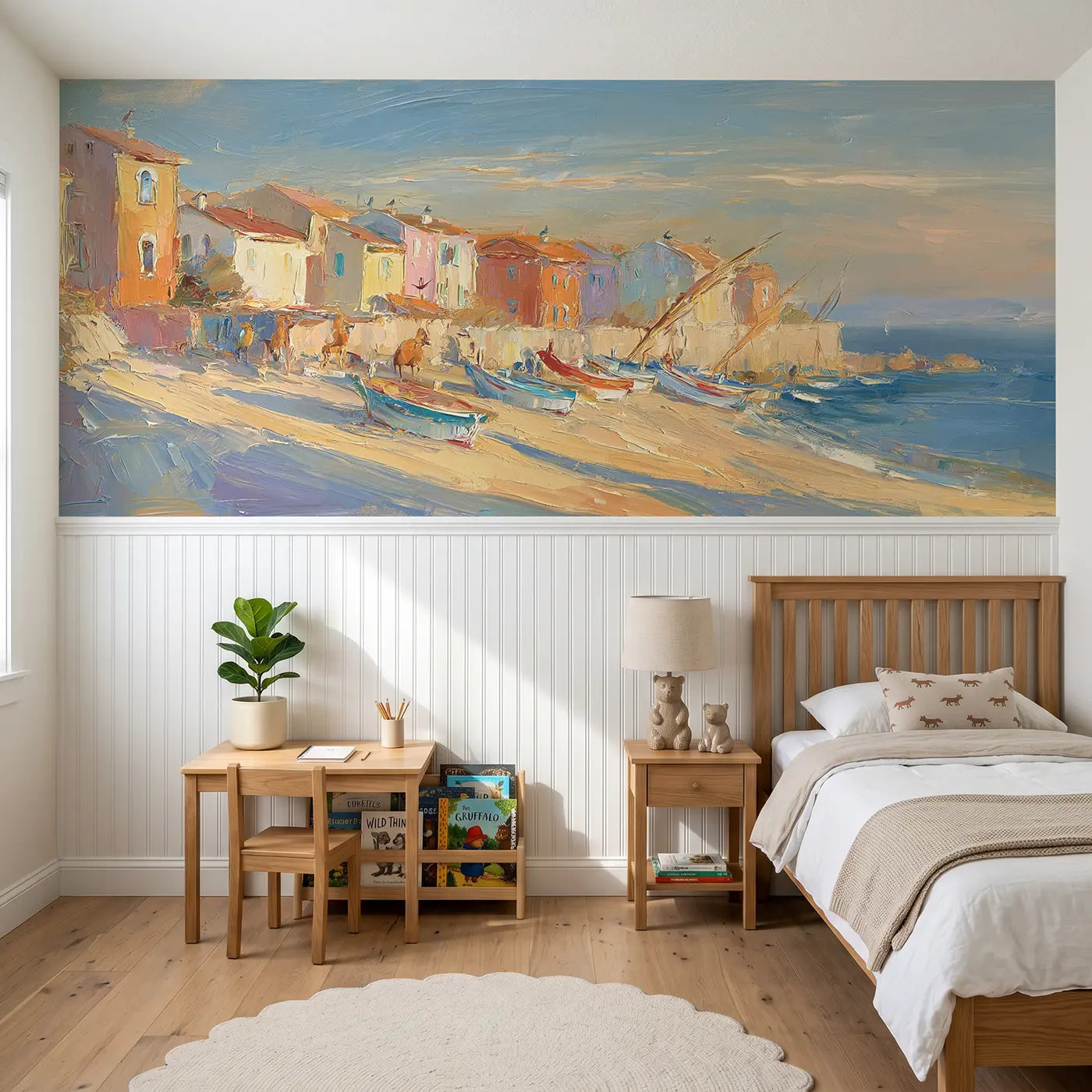 Painted Landscape coastal village morning oil wainscoting wallpaper for bedroom by Whimsy Tots