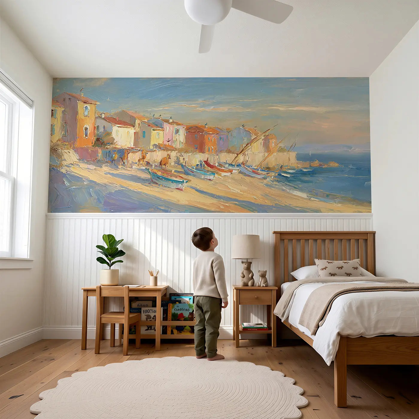 Child reading near Coastal Village Morning Oil Wainscoting Wallpaper by Whimsy Tots