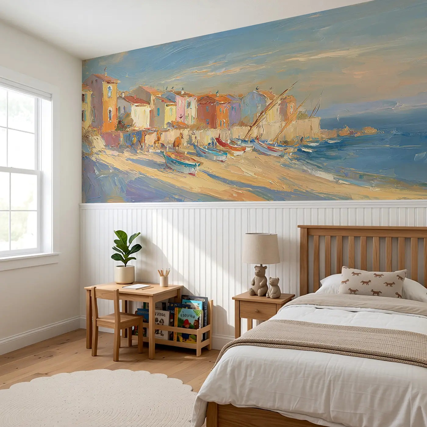 Coastal Village Morning Oil Wainscoting Wallpaper styled in a kids bedroom by Whimsy Tots