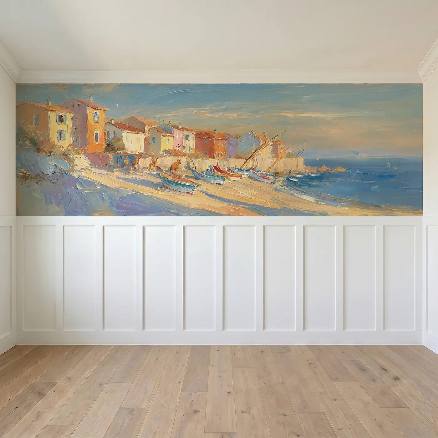 Full panel view of Coastal Village Morning Oil Wainscoting Wallpaper by Whimsy Tots