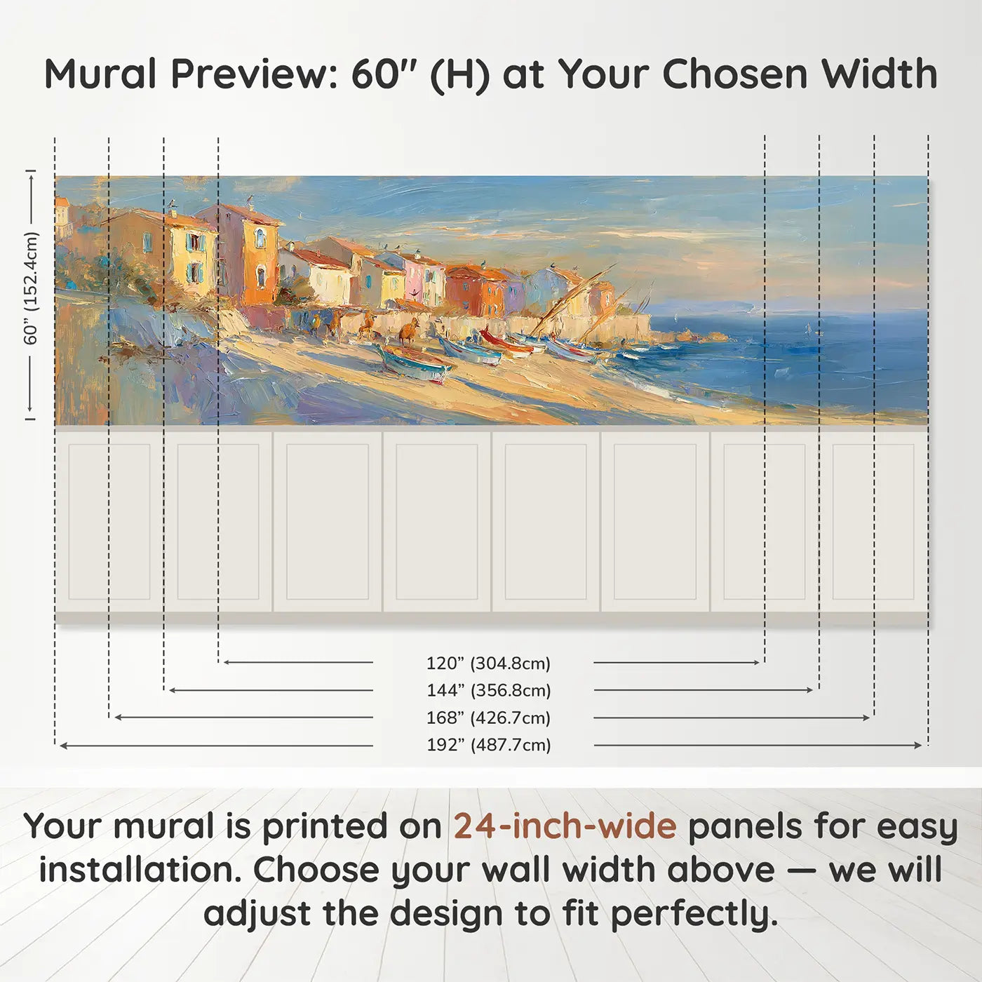 Panel dimensions for Coastal Village Morning Oil Wainscoting Wallpaper by Whimsy Tots