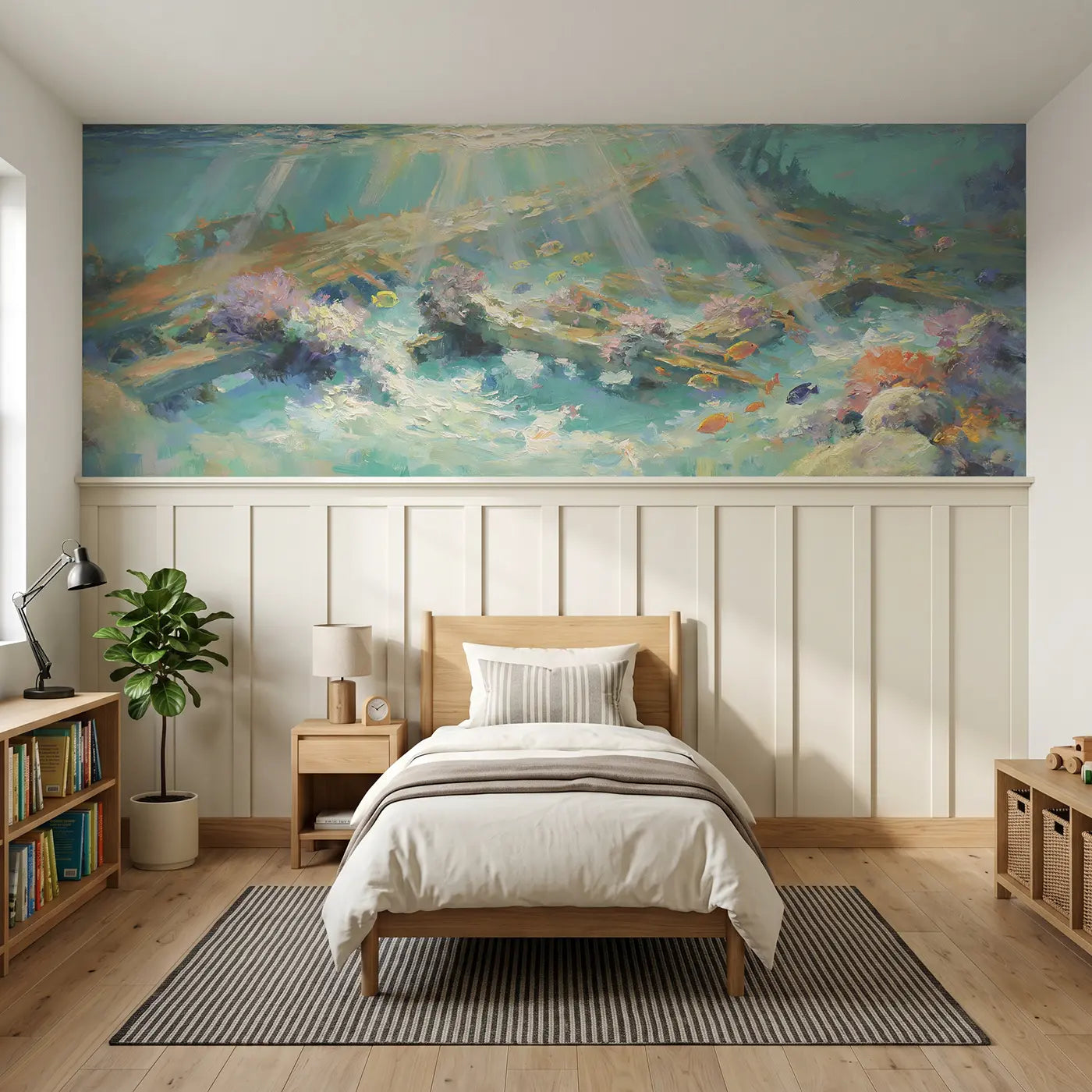 Painted Landscape underwater shipwreck coral wainscoting wallpaper for bedroom by Whimsy Tots