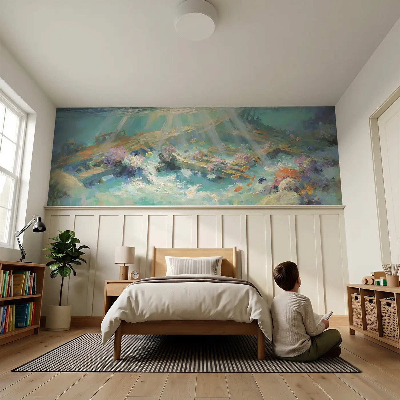 Child reading near Underwater Shipwreck Coral Wainscoting Wallpaper by Whimsy Tots