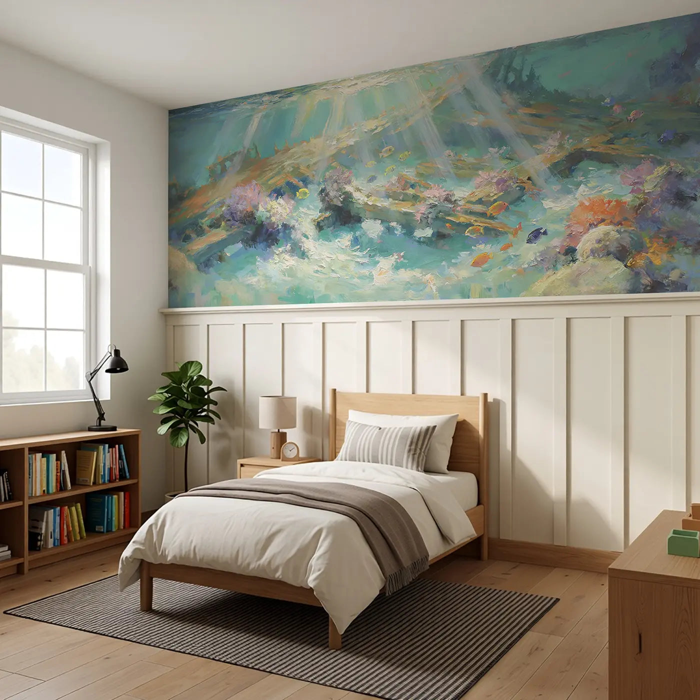 Underwater Shipwreck Coral Wainscoting Wallpaper styled in a kids bedroom by Whimsy Tots