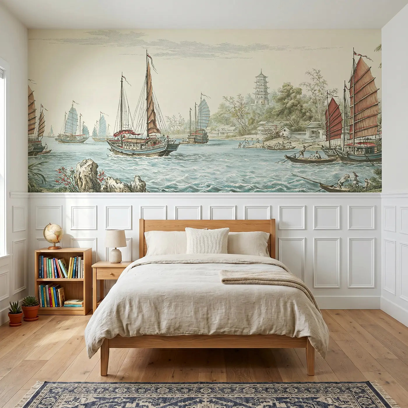 Sailing Junk Harbor Toile Wainscoting Wallpaper